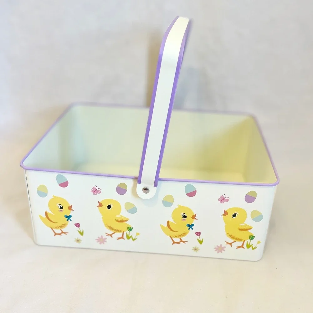 Spritz Easter Printed Metal Rectangle Chicks Decorative Basket Cream Yellow